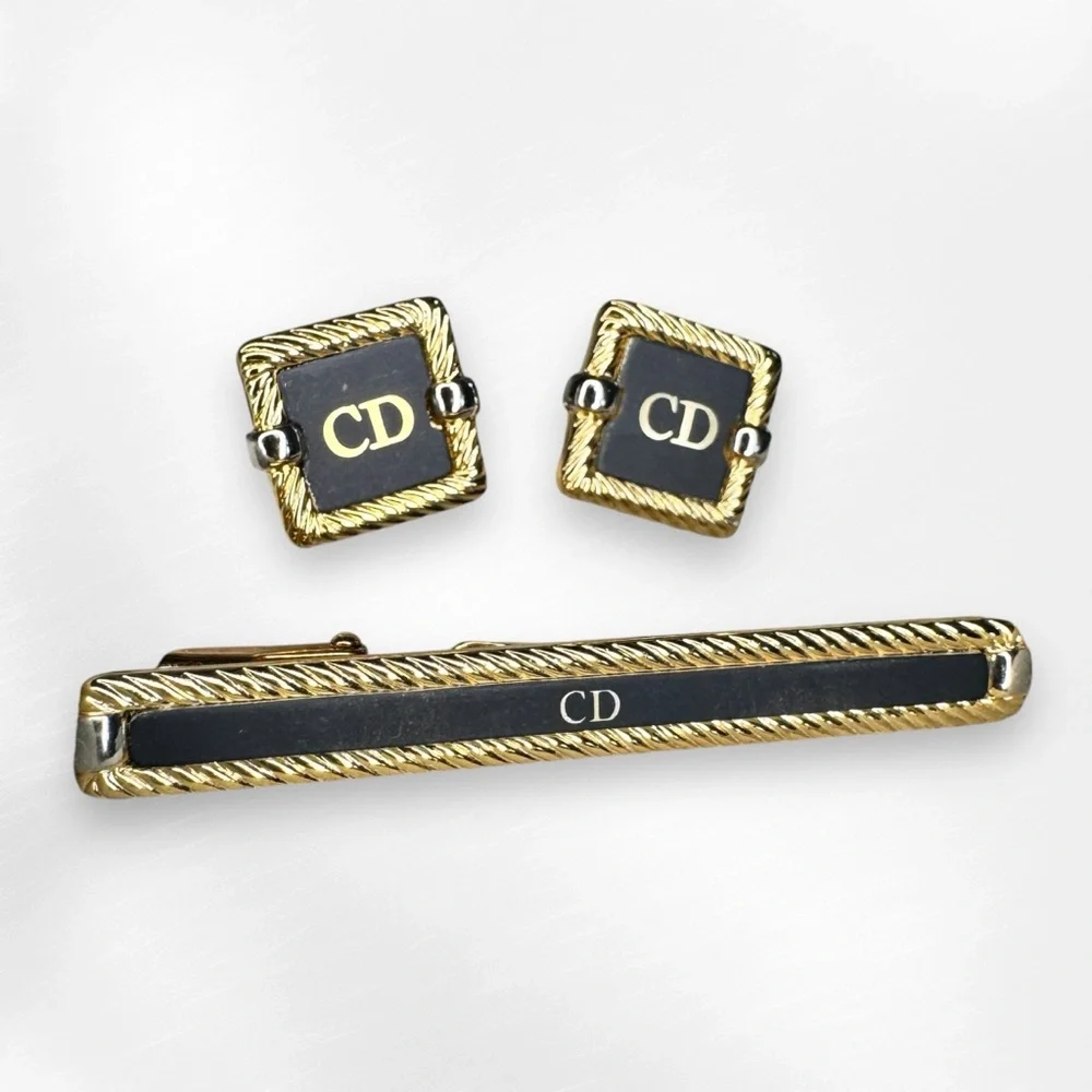 Christian Dior Vintage Cufflinks and Tie Bar / Money Clip Gold Silver & Black - Picture 1 of 14
